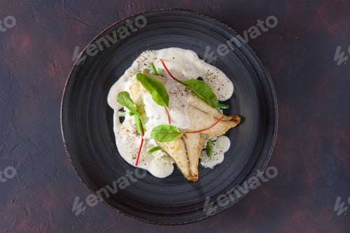 Preview: Fried fillet of white fish with rice and green beans decorated with chard