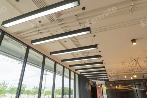 Preview: Modern simple and ceiling lamp decoration in meeting room. Lighting strips. Office building.