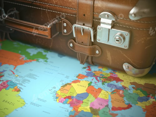 Preview: Travel and vacations background concept. Vintage suitcase on the