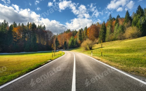 Preview: Road, green meadows and orange forest at sunset in golden autumn
