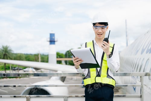 Preview: Aviation engineer inspects airplane for safety compliance. Professional aerospace technician at work