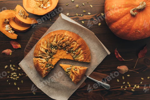 Preview: top view of sliced pumkin pie on wooden table