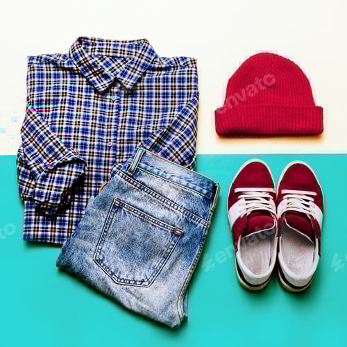 Preview: Urban clothing set. Plaid shirt, jeans, shoes cap