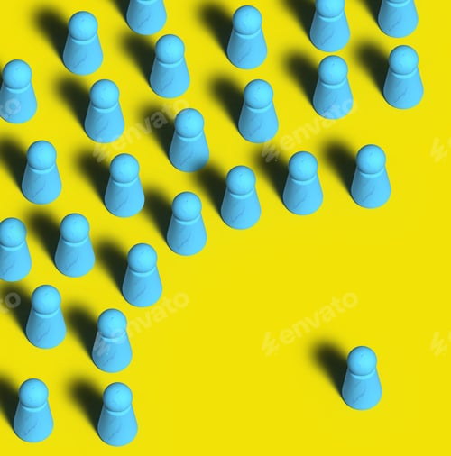 Preview: Wooden blue men stand in a crowd around one. Concept of public speaking, conflict and union