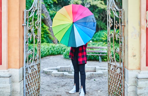 Preview: unrecognizable girl with rainbow umbrella in the park LGBT concept