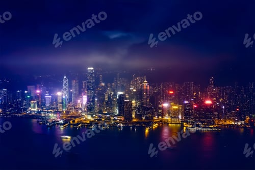 Preview: Aerial view of illuminated Hong Kong skyline. Hong Kong, China