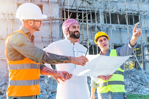 Preview: Engineer team group with Arab business estate project manager floor plan building construction site