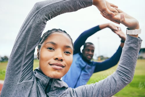 Preview: Portrait, black woman on field and stretching for fitness, workout and training for wellness, healt