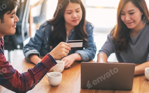 Preview: Three young asian people use credit card for purchasing and shopping online
