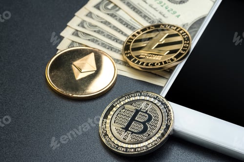 Preview: crypto currency Litecoin,Silver Bitcoin,Ethereum and blank mobile screen