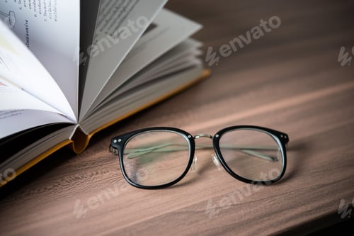 Preview: Pile of book and glasses on the wooden table. Education concept.