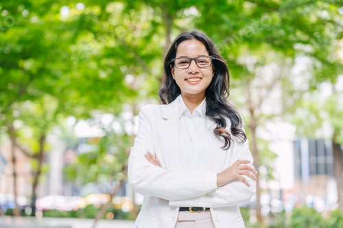 Preview: Portrait Indian business women happy smile. Young Asian success businesswomen happy at green city