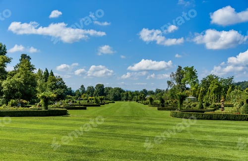 Preview: Beautiful view of a park with green trees and plantations under a cloudy sky