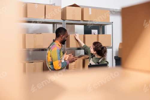 Vista previa: Equipo multiétnico de almacén revisando cajas de cartón