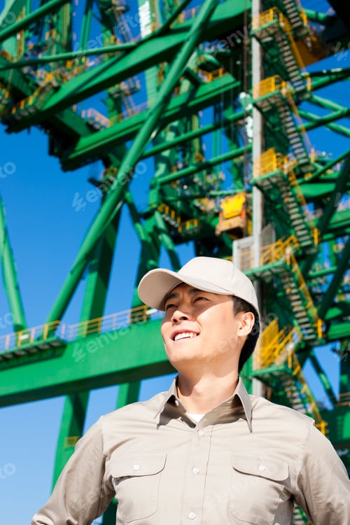 Preview: Male shipping industry worker with crane in the background
