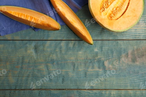 Preview: Tasty fresh cut melon on light blue wooden table, flat lay. Space for text