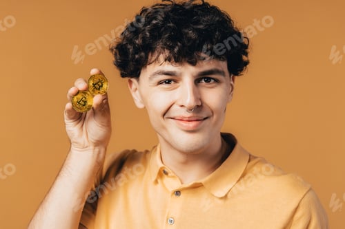 Preview: Man with bitcoins, crypto currency. Golden coin on yellow. Digital exchange, popularity BTC