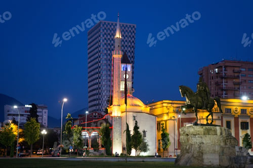 Preview: Illuminated Skanderbeg Square at Tirana, Albania at night