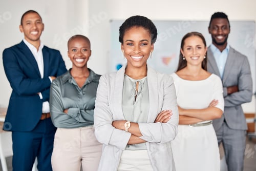 Preview: Black woman leadership, portrait and happy teamwork, management and collaboration, company vision a