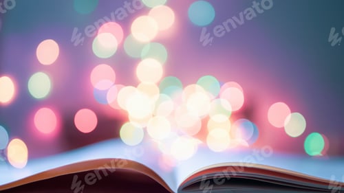 Vista previa: The Book Page On Colorful Light Blurred Bokeh For Education, Reading, Knowledge, Fiction, Fairy