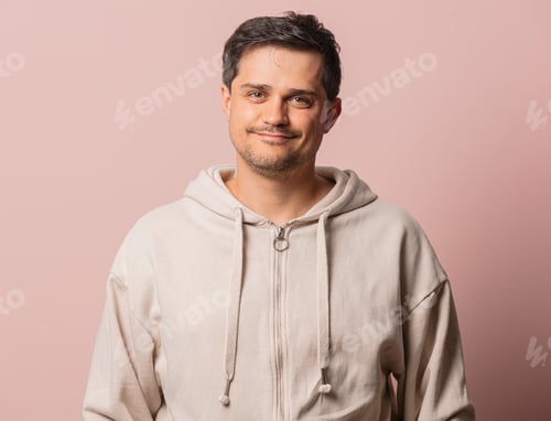 Preview: White guy in hoodie on pink background