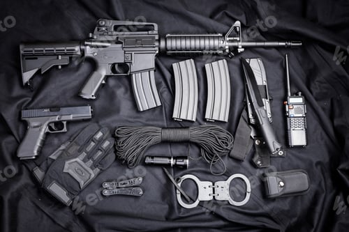 Preview: Rifle, gun, knife with sheath, compass and notebook with pen on on black cloth