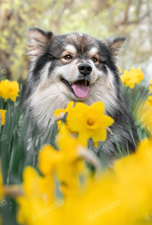 Preview: Portrait of a young Finnish Lapphund dog sitting among yellow flowers in spring
