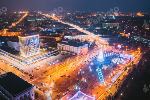Preview: Gomel, Belarus. Main Christmas Tree And Festive Illumination On Lenin Square In Homel. New Year In