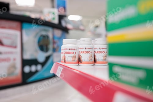 Preview: Cardiology pills bottle standing on pharmacy shelves ready for customers