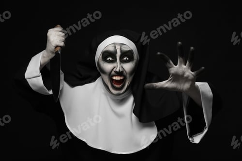 Preview: Scary devilish nun with knife on black background. Halloween party look