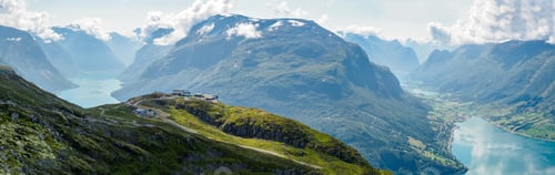 Preview: Oldenvatnet lake, Lovatnet lake and Innvikfjorden from Skredfjellet top, Norway