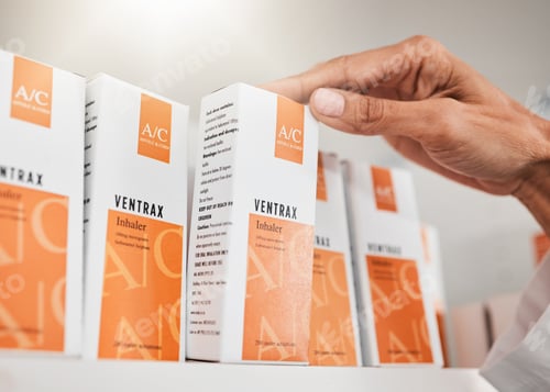Preview: Person, pharmacist and hands with box for inventory inspection or checking stock on shelf at pharma