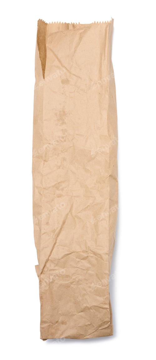 Preview: Empty oblong paper bag for a baguette on a white isolated background