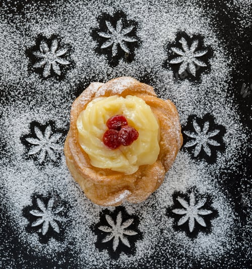 Preview: Custard Filled Pastry with Cherries and Powdered Sugar
