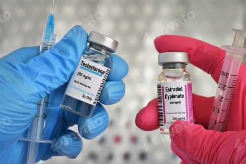 Preview: Hormone therapy injections - vials of testosterone male and estrogen aka estradiol cypionate female