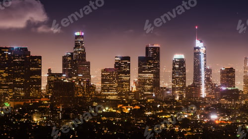 Preview: Aerial night view of Los Angeles Financial District skyline; California