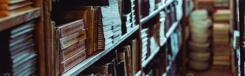 Preview: panoramic shot of retro books on wooden shelves in library
