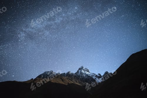 Preview: Mountain Range with Mount Ushba Peak in Moonlight at Night, Svaneti, Georgia
