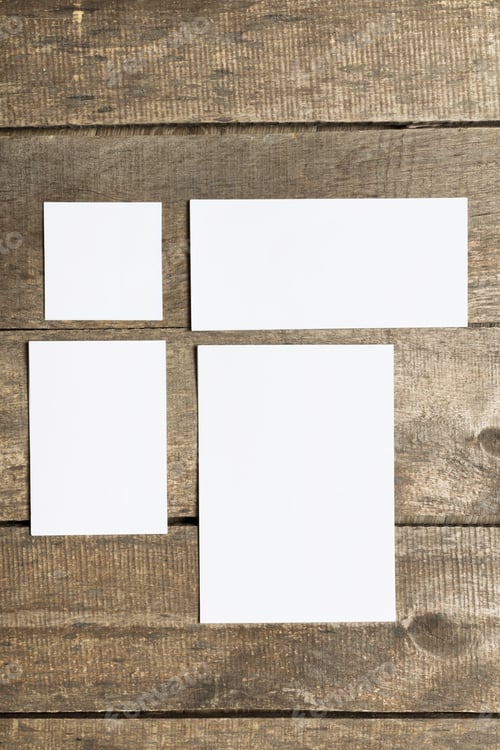 Preview: Different sizes of blank paper sheets arranged on wooden surface