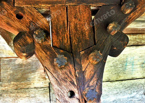 Preview: Closeup of a weathered old joint of wooden timber
