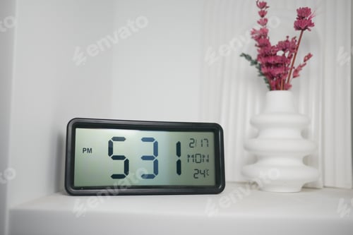 Preview: Digital clock displays time with decorative vase nearby