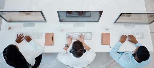 Preview: Top view, call center and consulting doing customer service, headset and computers doing typing in