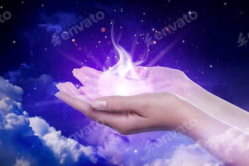 Preview: Woman creating bright light among clouds in sky, closeup. Aura, spiritual practice