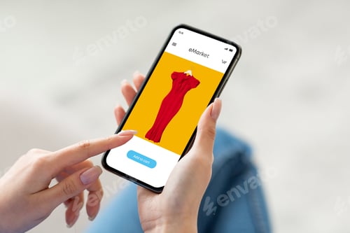 Preview: Millennial woman use modern phone with fashion store on screen, surfing in internet, app, enjoy