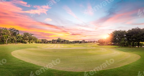 Preview: beautiful view landscape in morning time green grass at golf course ,big trees, sand bunker and mist