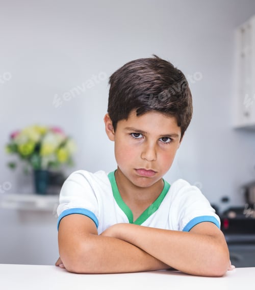 Preview: School age boy sitting with folded arms at kitchen table, frowning at camera near flowers