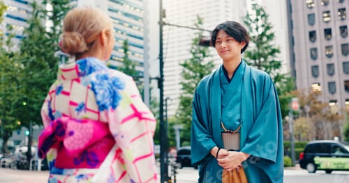 Preview: Japanese people, outdoor and fashion with traditional clothes, culture and kimono for heritage or s