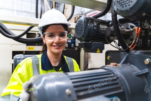 Preview: Portrait female professional engineer factory in protective uniform operating machine