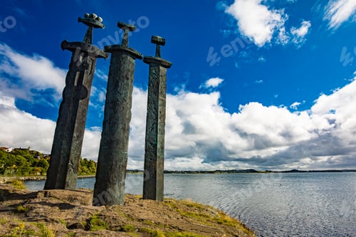 Preview: Mollebukta bay with Swords in Rock monument, Battle of Hafrsfjord Stavanger Rogaland Norway