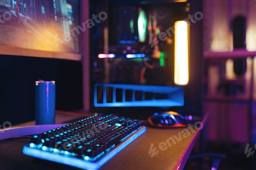 Preview: Empty gaming studio with professional setup in neon light